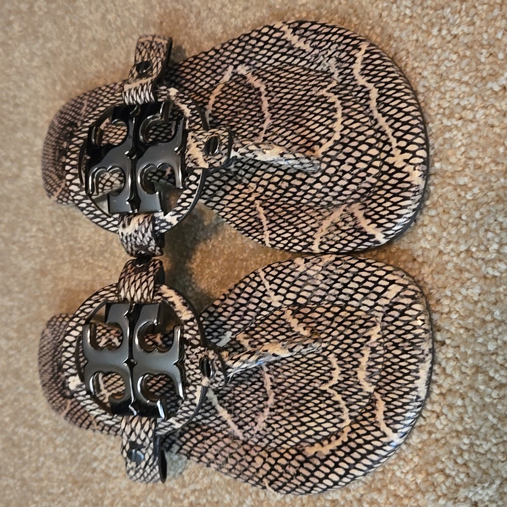 Tory Burch Miller Snakeskin Sandals Black/Cream with Metal Logo